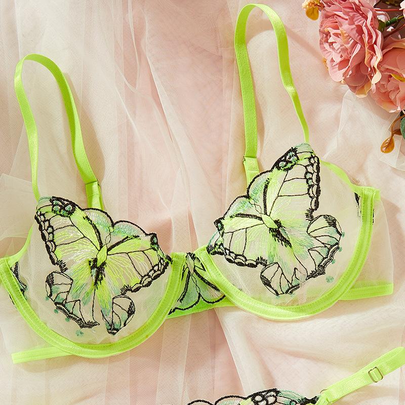 Green Butterfly Embroidery Lace Edge Seduction Perspective Print Lingerie Adult Bra Prom Queen
