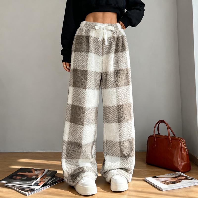 Women Plaid Plush Loose Elastic Waist Pants Straight Leg Pants S