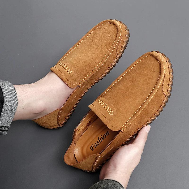 Men Loafers Handmade Sewn Moccasins Slip-on Male Flats Leather Casual Lightweight Men Shoes Daily Commute Footwear Driving Shoes