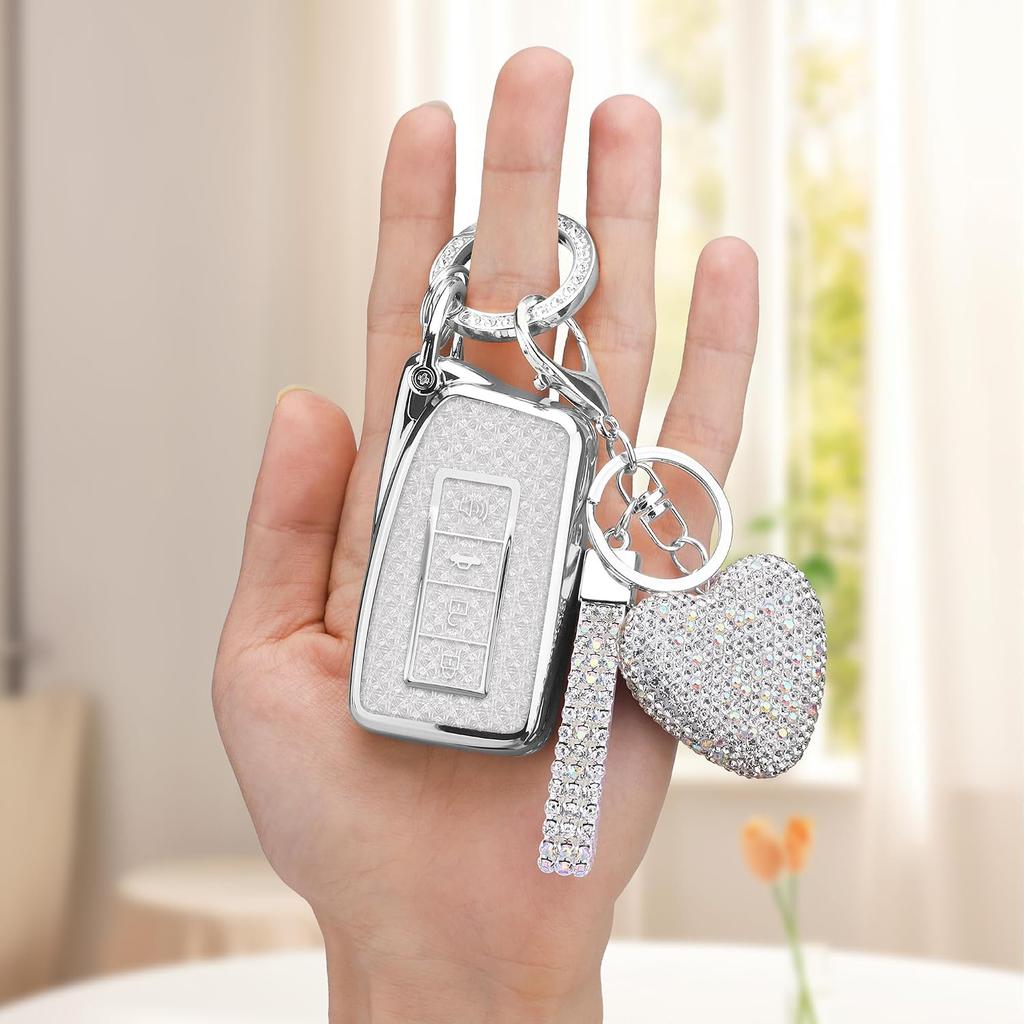 For Lexus Key Fob Cover with Diamond Heart Keychain, Car Accessories TPU for Lexus RX ES GS LS NX RS GX LX RC LC Smart Key, Silver Clear