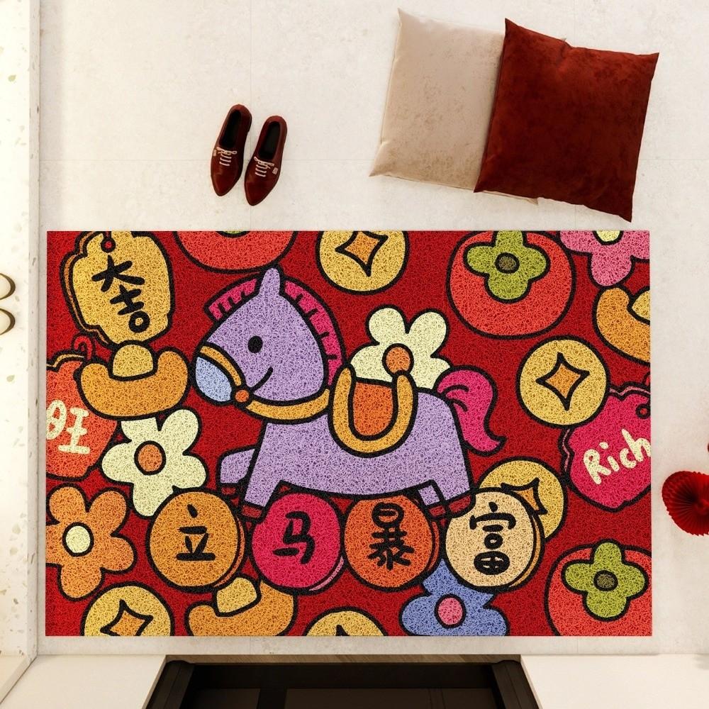 Cute Anti-slip Chinese New Year Doormat Stain Proof Cartoon Horse Pattern Carpet Wear-Resistant Red Entrance Mat Home Decor