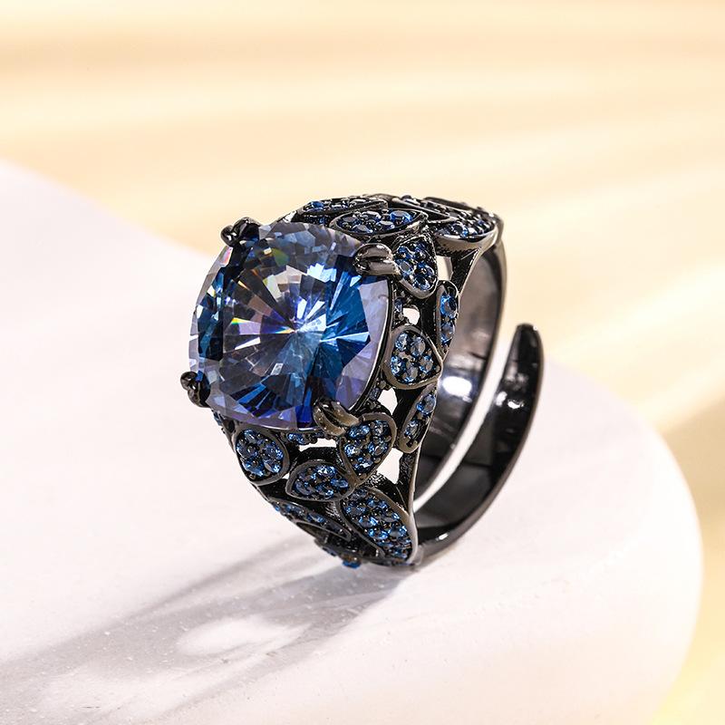 Jewelry Copper Bottom Gold-Plated Simulation Corundum Fat Square Black Gold Personalized Ring 12 * 12