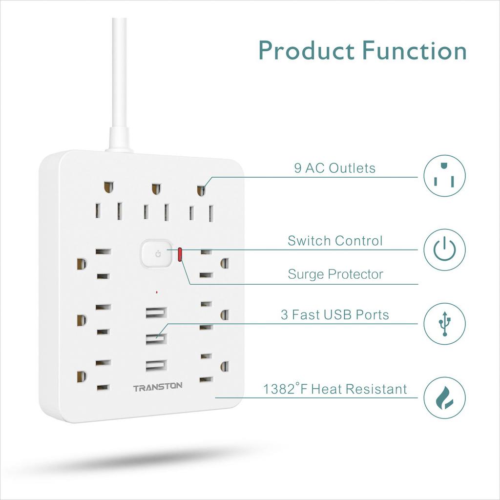 Power Outlet with Surge Protector, 9 sockets 3 USB Ports,5ft Extension Cord, Quick Charge, For Home and Office,White