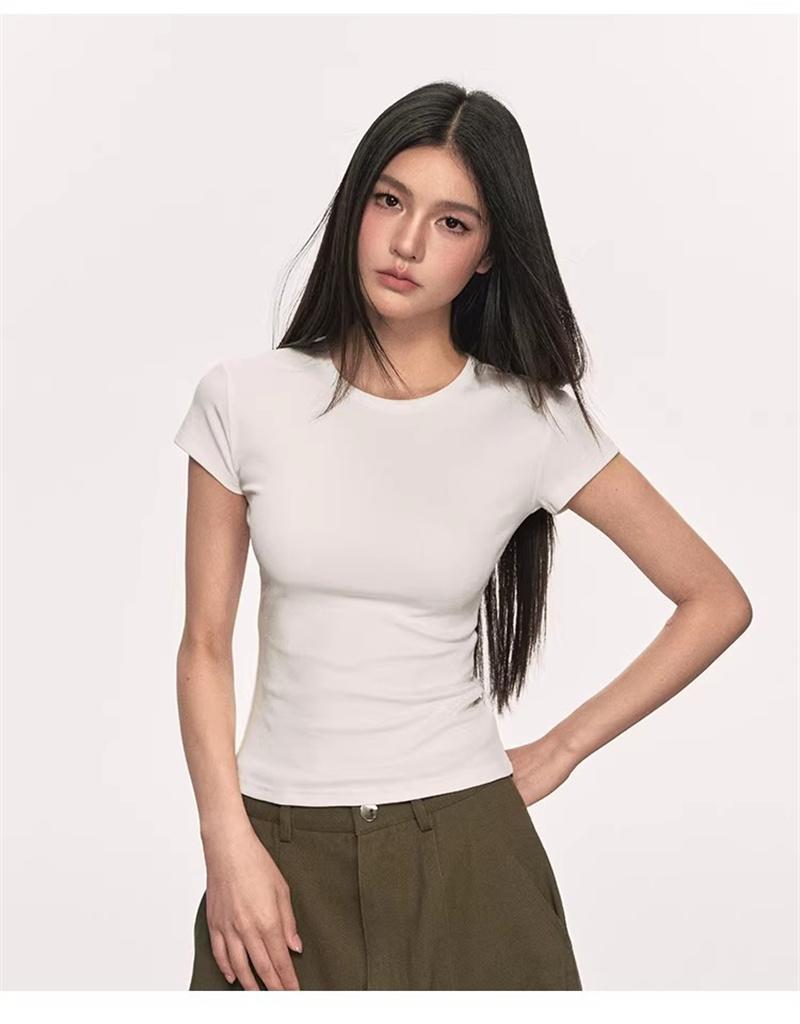 White shoulder short sleeved T-shirt for women, Lyocell summer solid color base, versatile round neck slim basic T-shirt top for women
