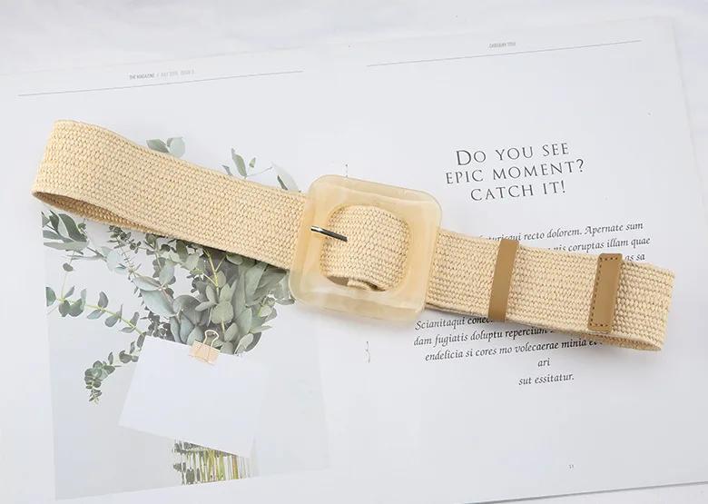New PP grass woven belt women's retro cotton and hemp ethnic dress with waist closure square buckle decorative belt