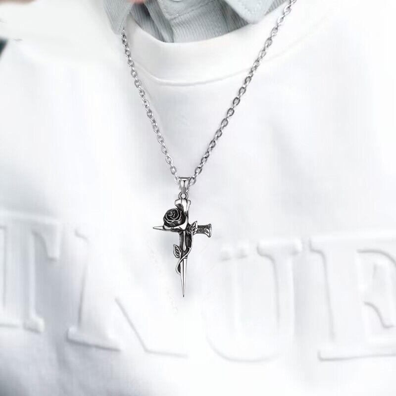 Rose Cross Pendant Necklace for Couples, Vintage Chinese Style Jewelry