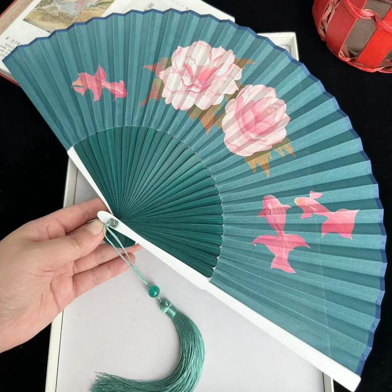 Ancient Chinese Style Small Dance Fan Summer Portable Hanfu Cheongsam Hand Held Fan Green Bamboo Ribs Single-Sided Folding Fan