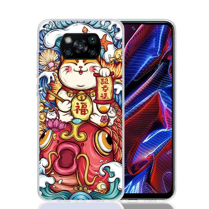 Lucky Cat Maneki Neko Japanese Phone Case For Xiaomi Poco X7 X6 X5 Pro F7 Ultra Redmi 15C 15 13 13C 12 12C 10 10A 10C 9 9A 9C 9T