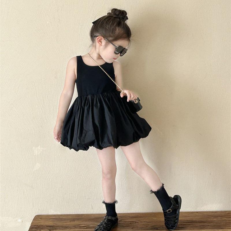 Korean Girls Sleeveless Backless Black Dress - Flower Bud Style Puffy Dress for Children