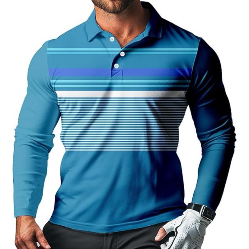 

Повседневная мужская рубашка поло с длинным рукавом в полоску, из быстросохнущей ткани с воротником и бусинами, рубашка поло для гольфа для мужчин 3XL