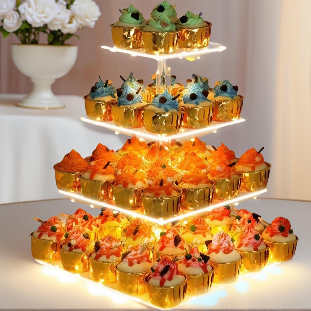 3/4 Tier Acrylic Cupcake Display Stand with LED Light Cupcake Holder Plate Wedding Party Cake Serving Platter Decoration Stands