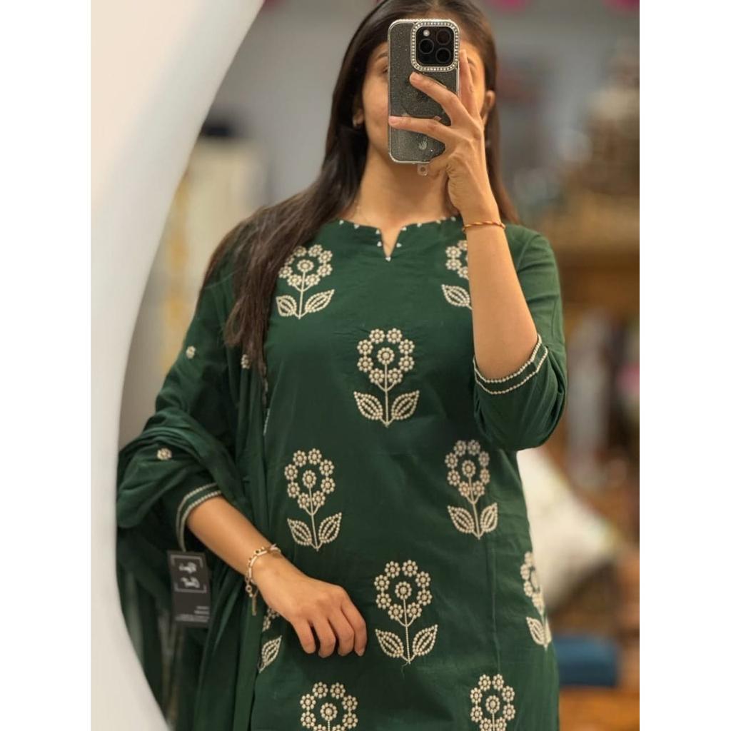 Pure Cotton Party Wear Kurti Pant Dupatta Set Indian Bollywood Ethnic Kurta Set