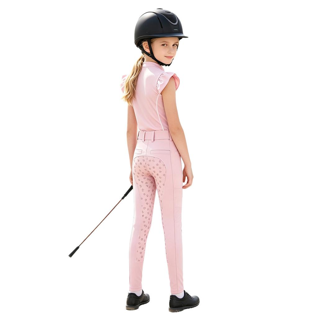 Mädchen Reitsport Reiten Reißverschluss Stehkragen Rüschenärmel Kontrastbesatz Oberteil Anti-Rutsch Vollbesatz Reithose Outfit