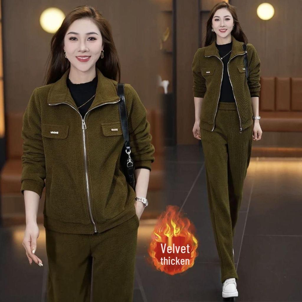 Women's Fleece-Lined Fashion Set: Trendy Stand-Up Collar Coat & Warm Long Pants for Autumn/Winter