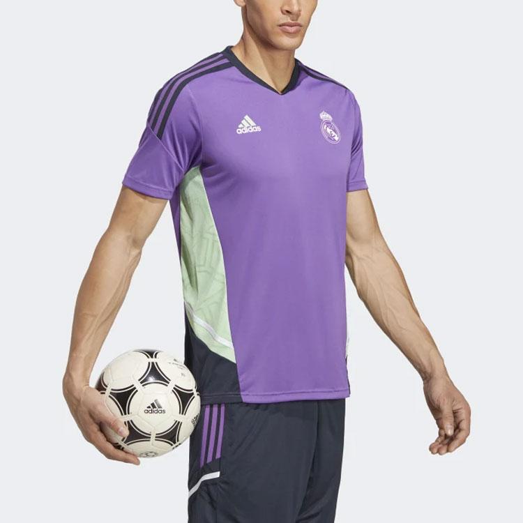 Adidas Colorblock Striped Logo Print V-Neck Short Sleeve Soccer Jersey Men Tops Purple HT8809