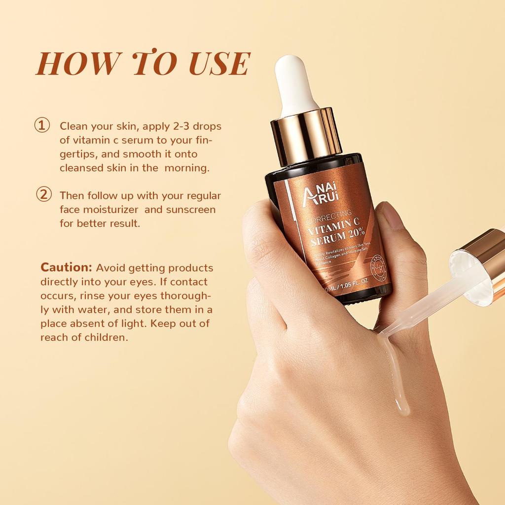 ANAiRUi 20% Vitamin C Facial Serum, Antioxidant Hydrating Skin Care with Hyaluronic Acid & Vitamin E 30ml