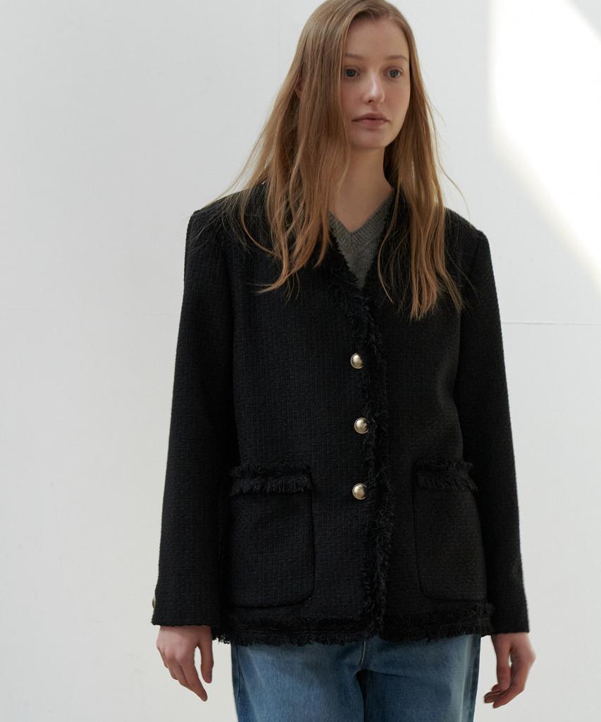 So Ir Fringe V Neck Tweed Jacket - Black