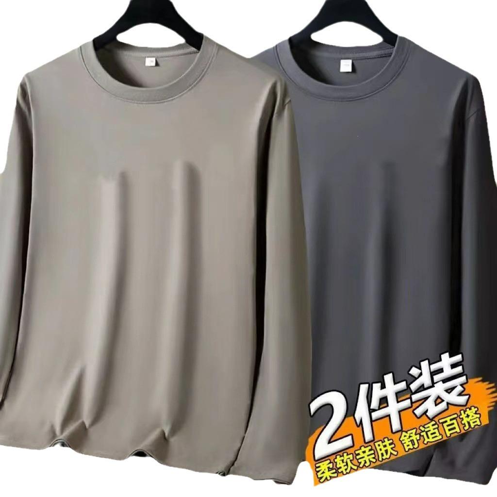 Men's Large Solid Color Round Neck T-Shirt, Long-Sleeved, Suitable for Spring and Autumn
