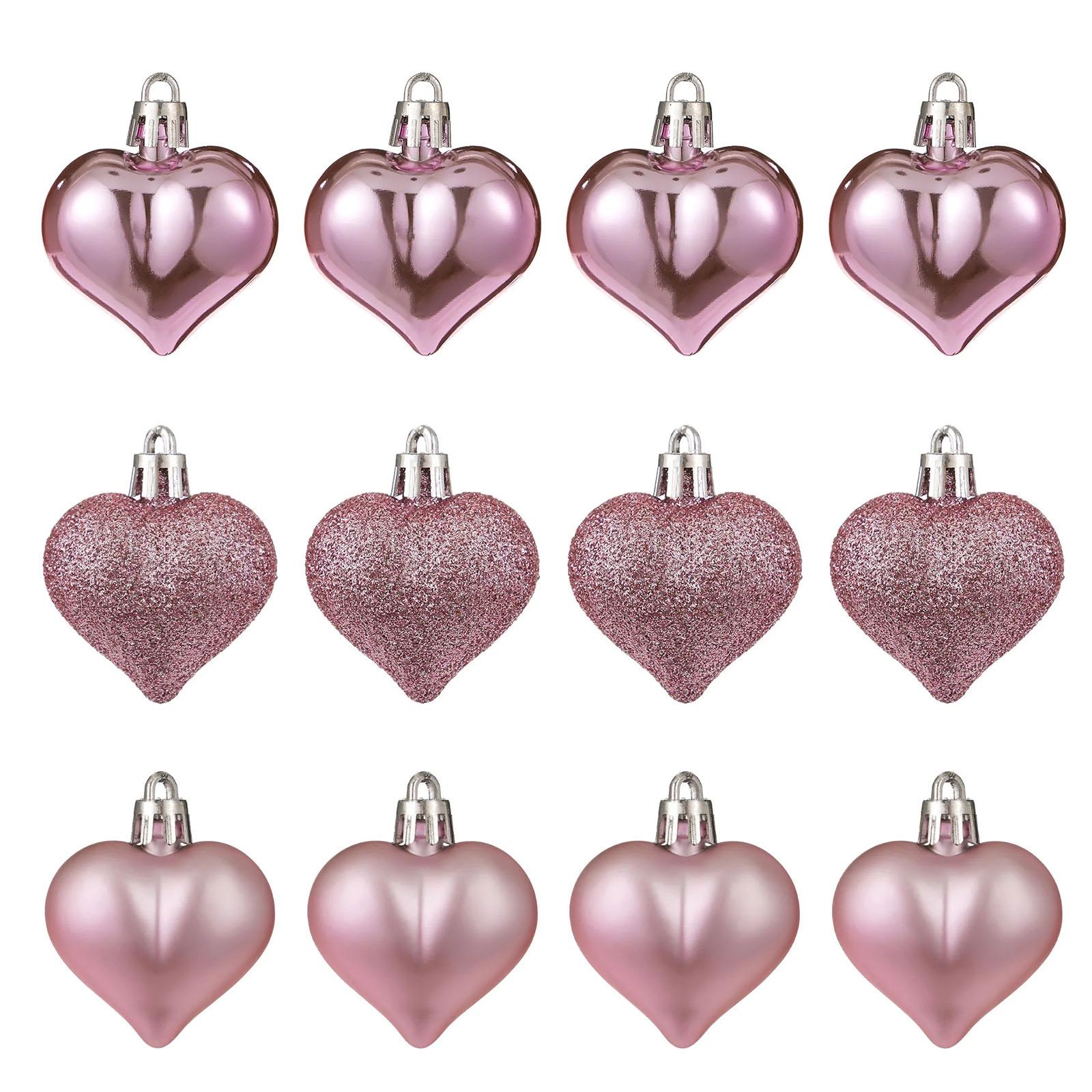 

12Pcs Heart Ornaments Multi Finish Heart Baubles Hanging Ornaments For Christmas Tree Valentine’s Day Decor Party Decoration One Size