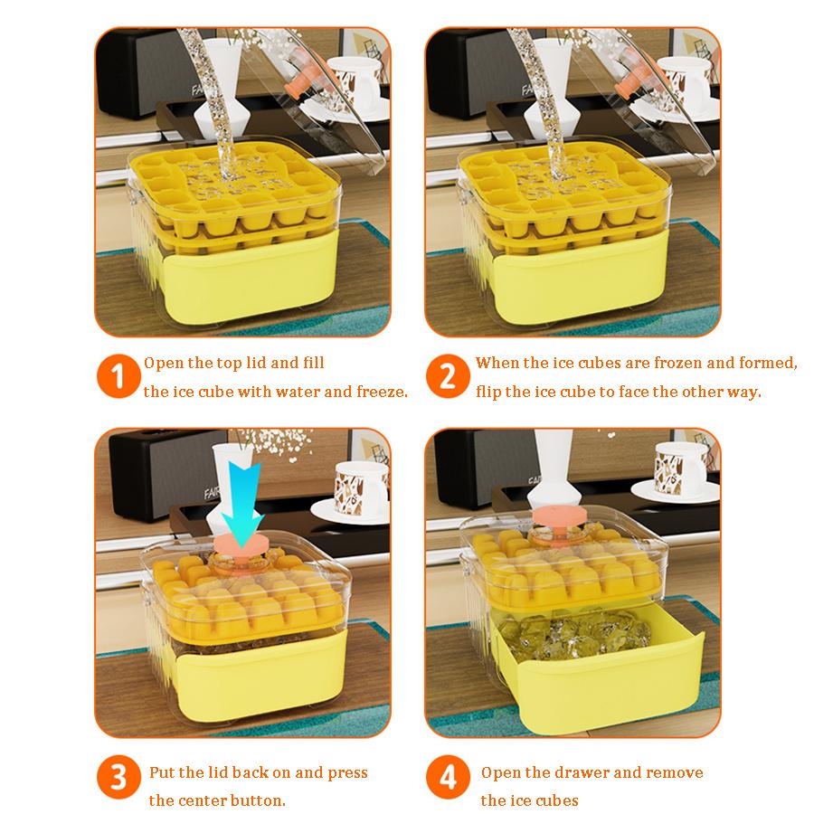 Compact Double Layer Ice Cube Tray with Lid and Bin, One-Click Demolding, Pull-Out Ice Drawer with Portable Handle with Shovel