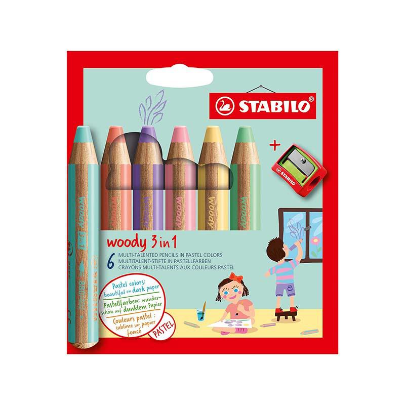 STABILO Woody 3-in-1 Multi-purpose Colored Pencils & Crayons Set - 6 Vibrant Colors HB