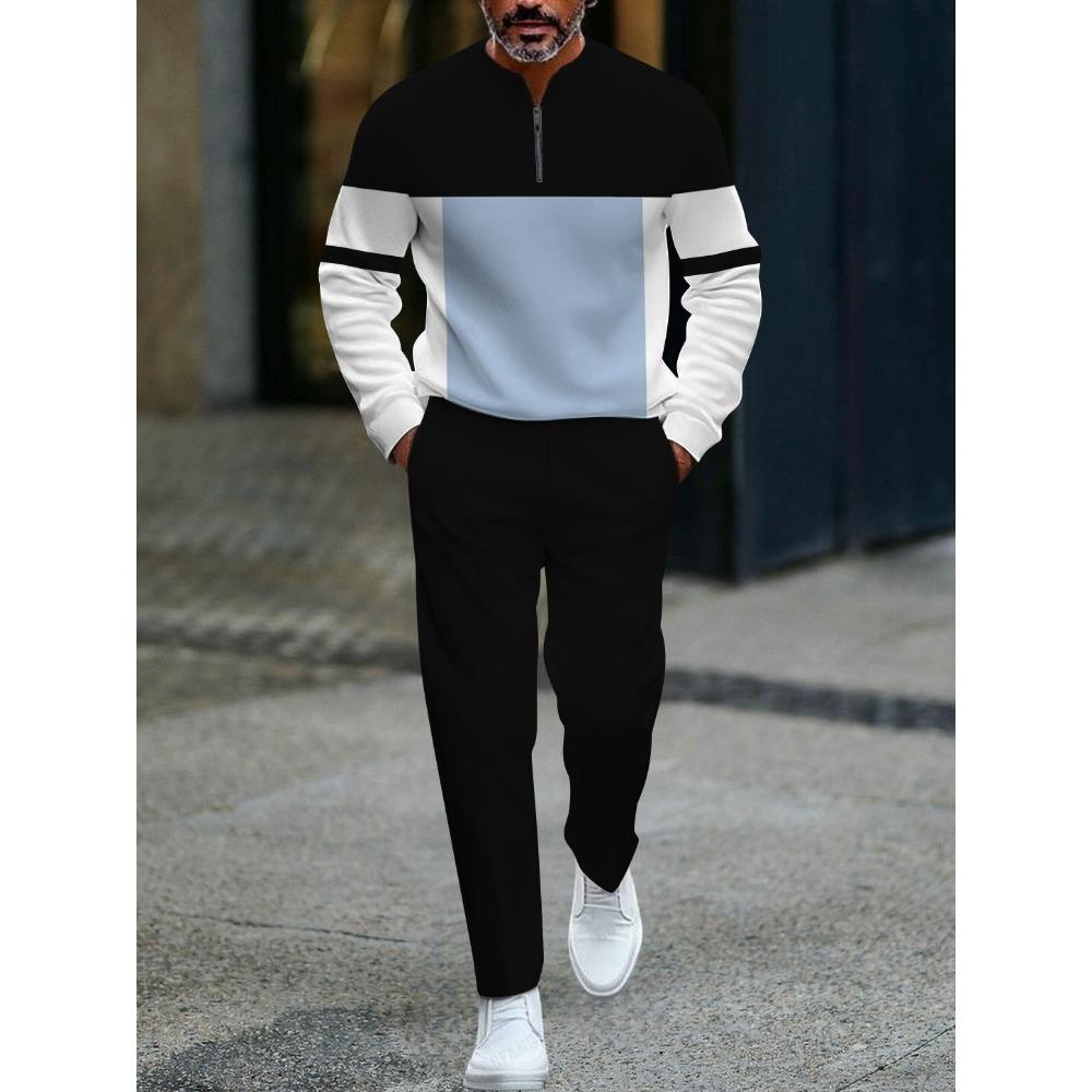 Spring Autumn 3D Printed Fashion Cool Men's Long-Sleeved Sets Half-Zipper Stand-Up Collar Men's Casual Sportswear Two-Piece set