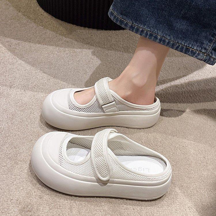 2025 summer new muffin soft sole big head women's small white shoes mesh breathable Velcro bag head half tray shoes women