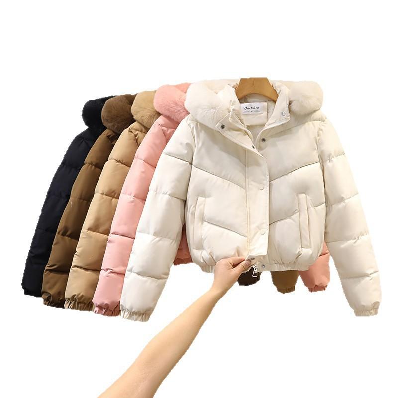 2025 winter new big fur collar cotton clothes women's Korean version slim fit small with thickened hooded jacket
