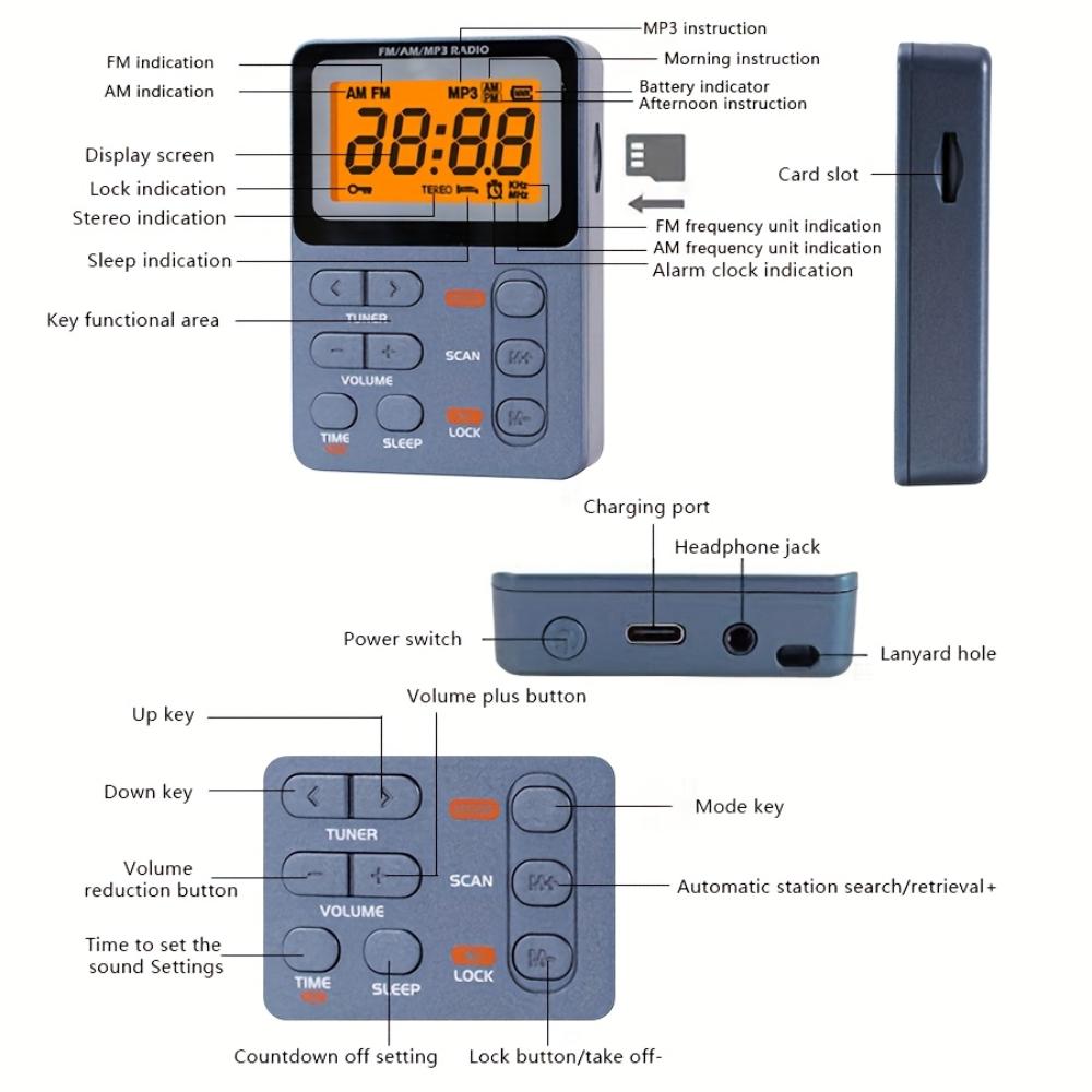 Portable Digital FM/AM Radio,MP3 TF Card Player,Stereo Music Speaker with Sleep Timer,Lock Key,Mini Radio for Camping,Running
