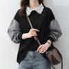 Frauen Drehen Unten Kragen Langarm Bluse Tops Frühling Mode Splice Pullover Tops