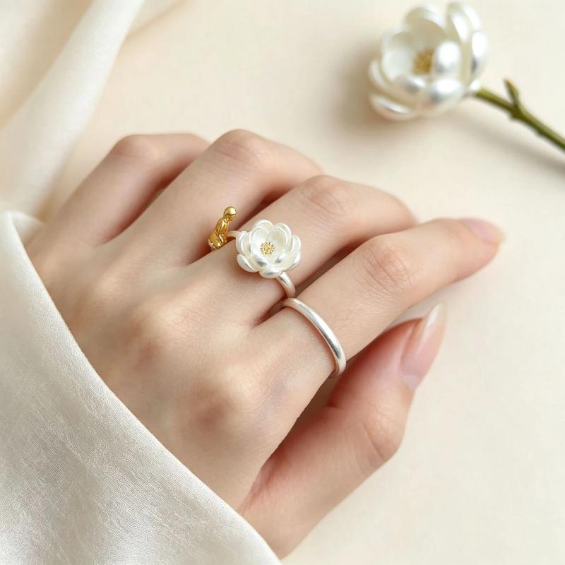 Adjustable Open Ring With Lotus Golden Design Perfect For Womens Daily Wear Birthday Gifts