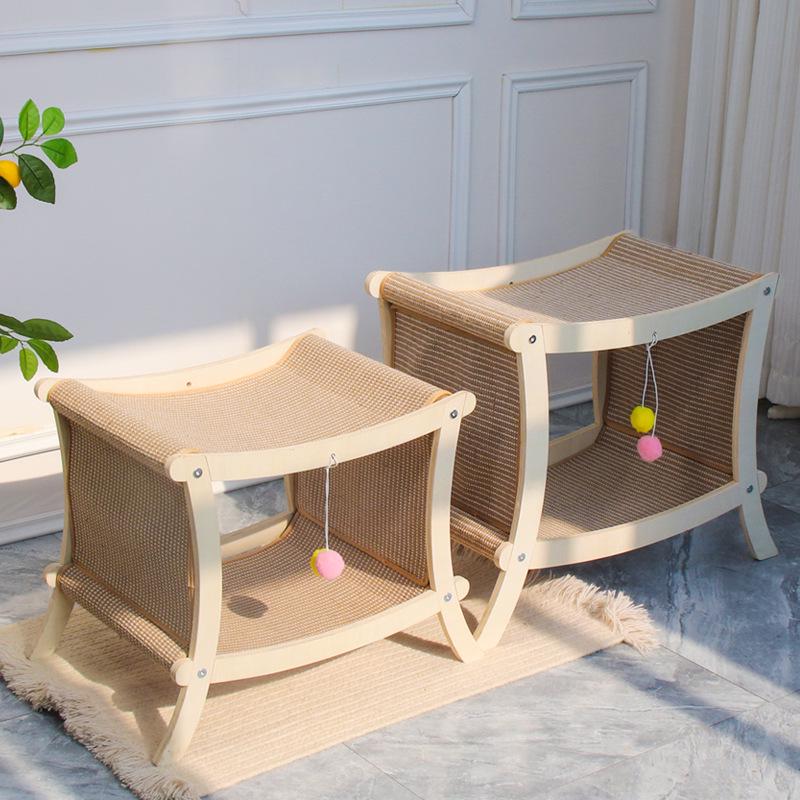 Two-Story Cat Bed with Rattan Mat, Sisal Scratching Post & Solid Wood Frame
