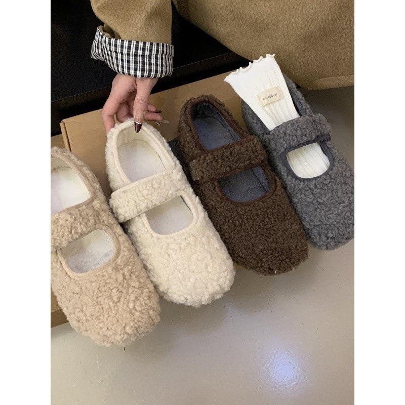 One-word Mary Jane fluffy shoes, winter outer wear velvet warm single shoes, thick-soled gray Birkenstocks
