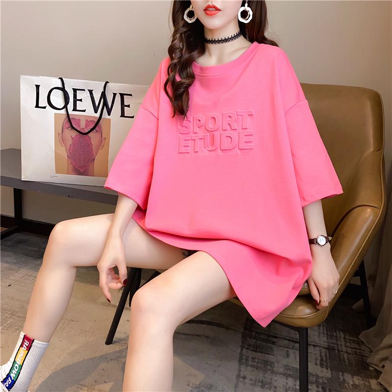 Women's European-Style Oversized 3D Letter T-Shirt with Round Neck & Half Sleeves for Summer 2026