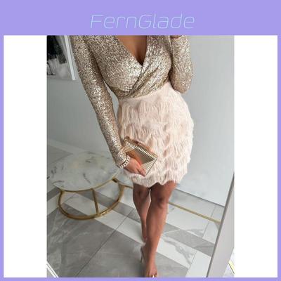 No Brand Readytowear Sparkling Sequin Dress With Long Sleeves For Casual Autumn Winter Fashion