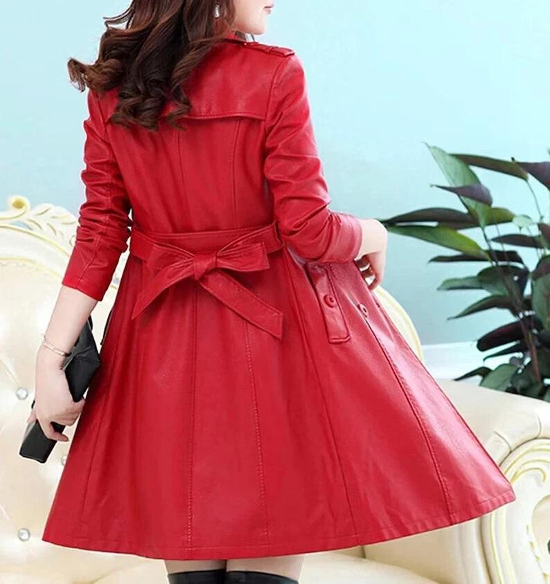Leather  Handmade Stylish Casual Soft Lambskin Genuine Women Trench Coat Red New