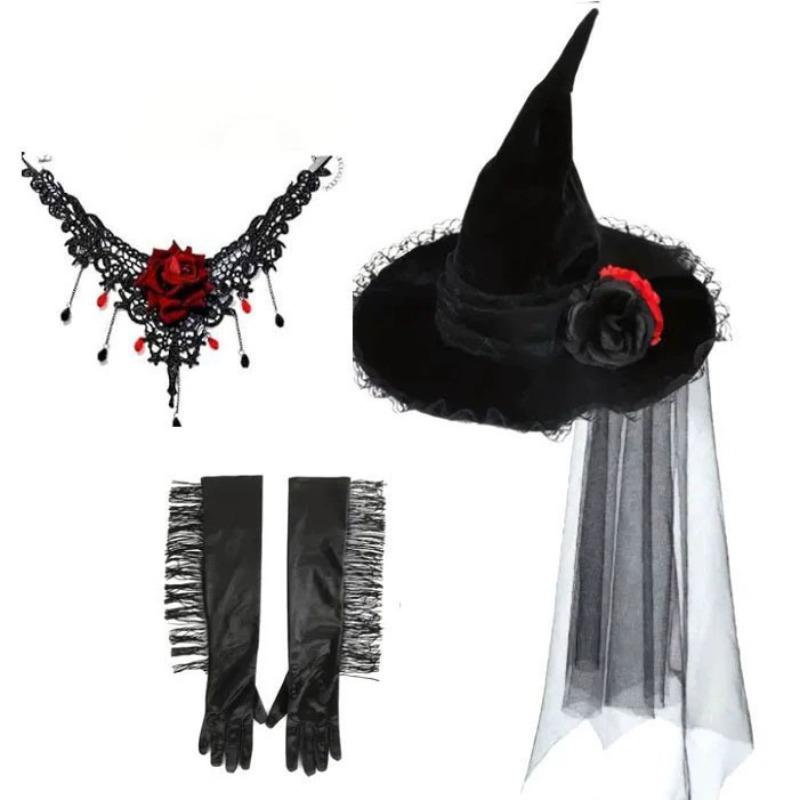 2/3pcs Lace Gothic Witch Hat with Tulle Veil & Rose Necklace - Women's Halloween Party Costume Accessory Fabric