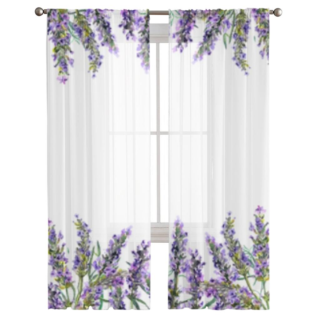 Watercolor Bouquet Of Lavender Tulle Curtains For Living Room Decoration Modern Veil Chiffon Curtains Bedroom Sheer Voile