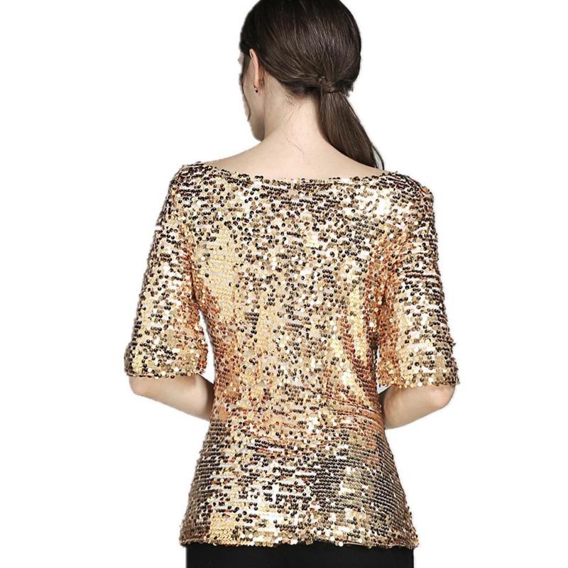 Women Shiny Sequin Loose Blouses Elegant Stylish Crew Neck Glittering Tops Five-point Sleeve Casual Stretch Shirt