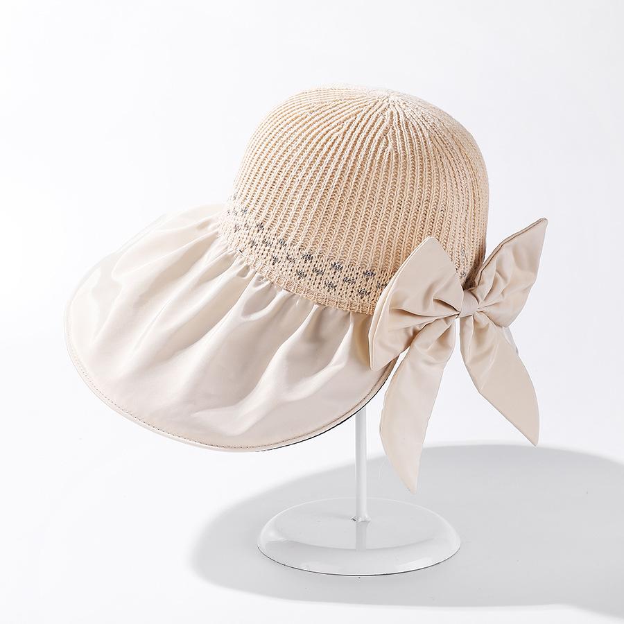 Large Brim Hat Korea Women Outdoor UV Big Head Sunhat Silver Silk Line Back Opening Bow Sun Hat Beach UPF50+ 56-58cm