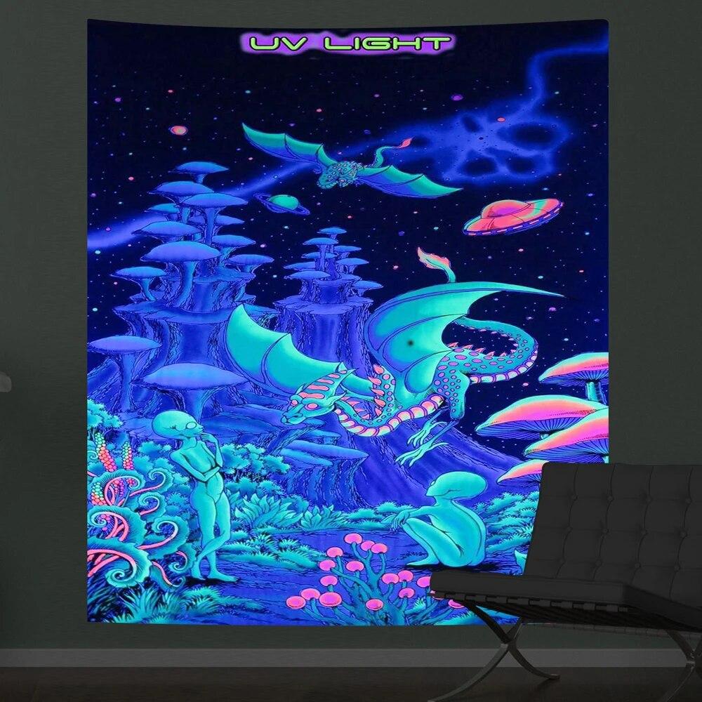 Psychedelic mushroom fluorescent tapestry luminous hanging cloth decoration  interior  under ultraviolet light