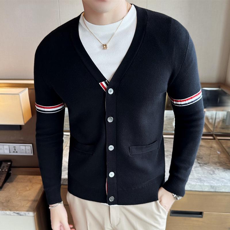 

Мужской модный кардиган TB красного, белого и синего цвета с V-образным вырезом из ткани Grosgrain на осень/зиму XL чёрный