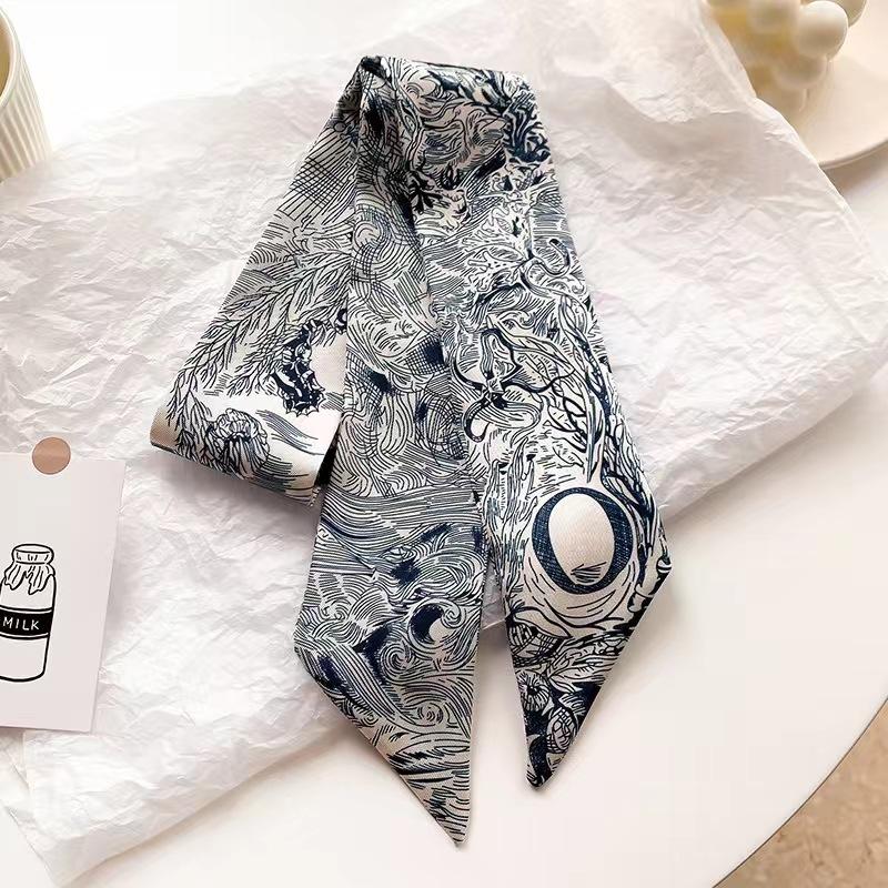 Small White And Tender Green Silk Scarf For Women, Thin Streamer, Headband, Hair Tie, Bag Decoration Long