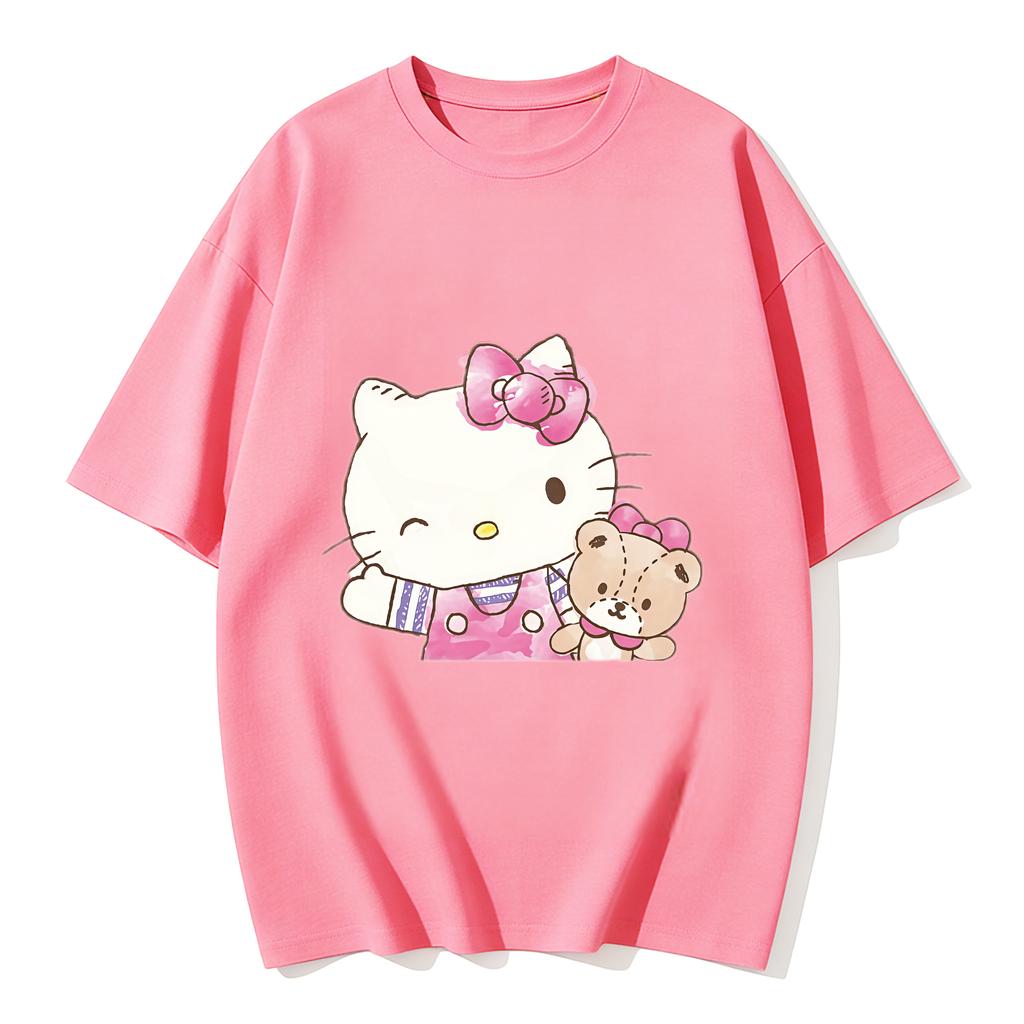 2026 New Hello Kitty Teddy Bear Watercolor Cartoon Print Tshirt Family Matching Outfits Casual Short Sleeve Tee Women Unisex Kids