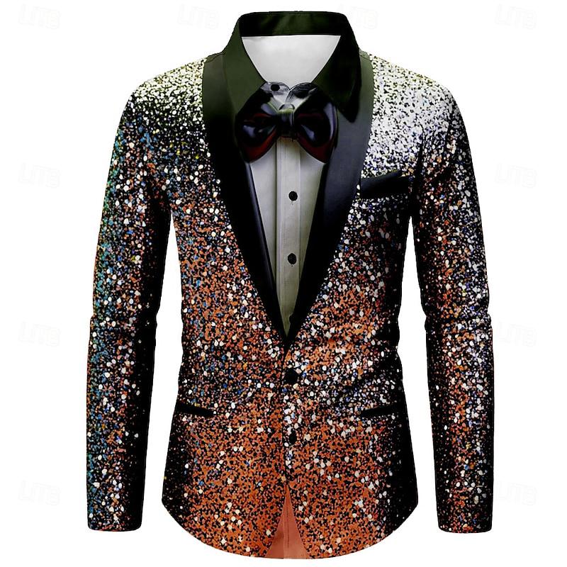 Herren Hemd mit Kragen Langarm Weihnachten Glitzer Dekor Lässiges Party Oberteil