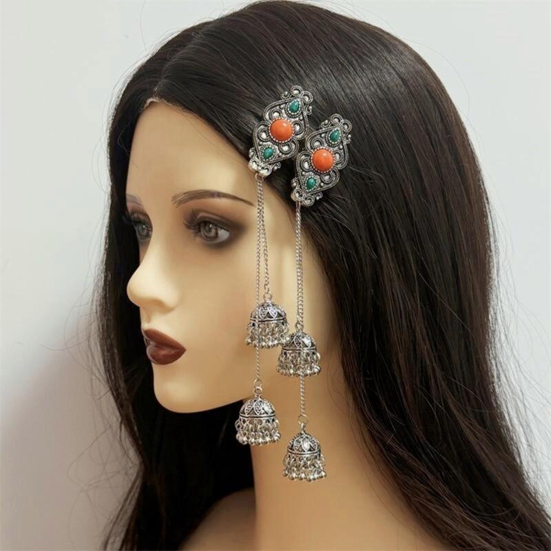 Handmade Mongolian Styles Alloy Tassels Hair Clip Ornament with Vintage Rhinestones Designs for Women Seek Unique Charm