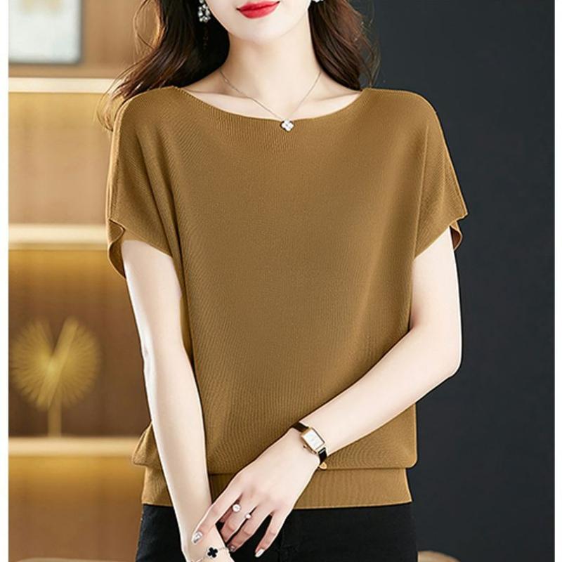 Summer Women Simple Commuting Versatile Loose Ice Silk Short Sleeve T-shirt Women's Solid One Line Neck Bat Sleeve Top Plus Size