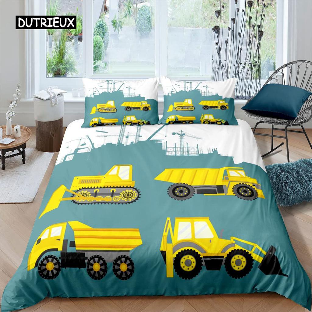 Excavator Duvet Cover Set Microfiber Tractor Truck Comforter Cover Twin Construction Vehicle Cartoon Bedding Set for Boys Teens
