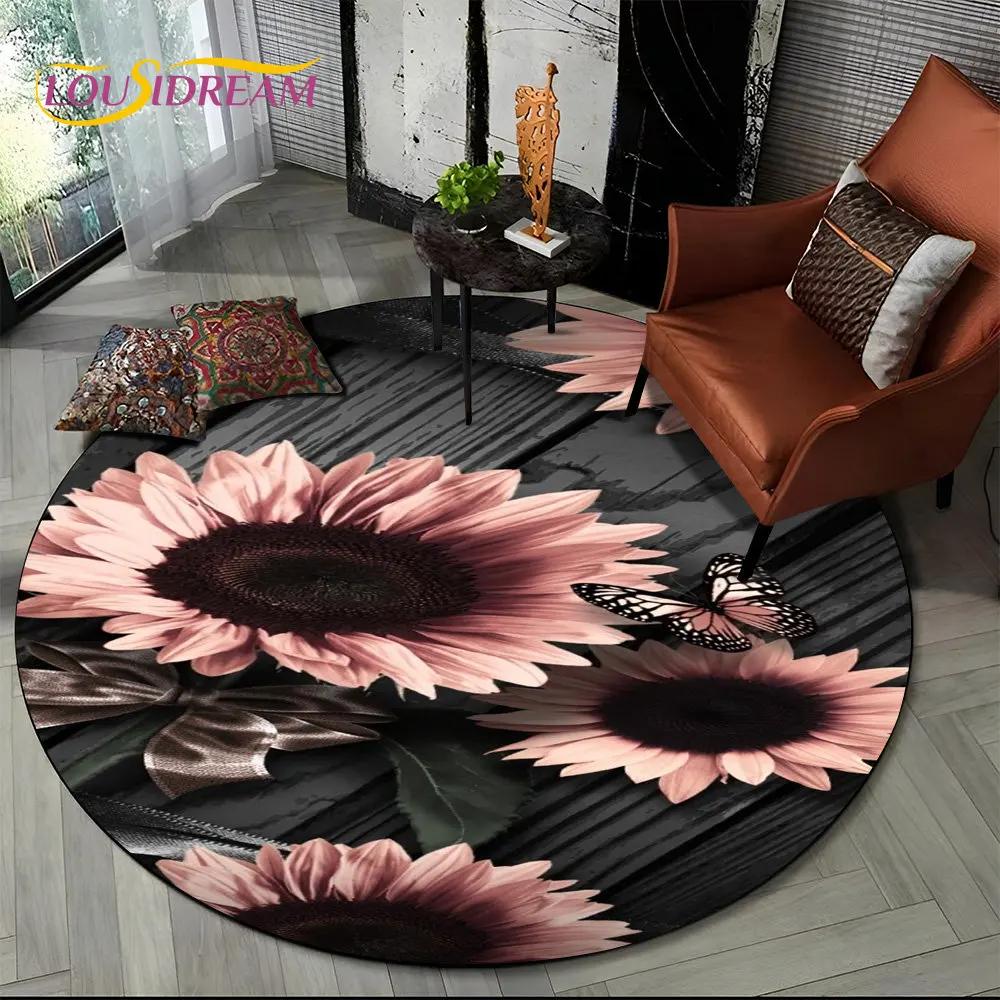 3D Daisy Nordic Flower Sunflower Round Area Rug,Carpet for Living Room Children's Bedroom Sofa Playroom Decor,Non-slip Floor Mat