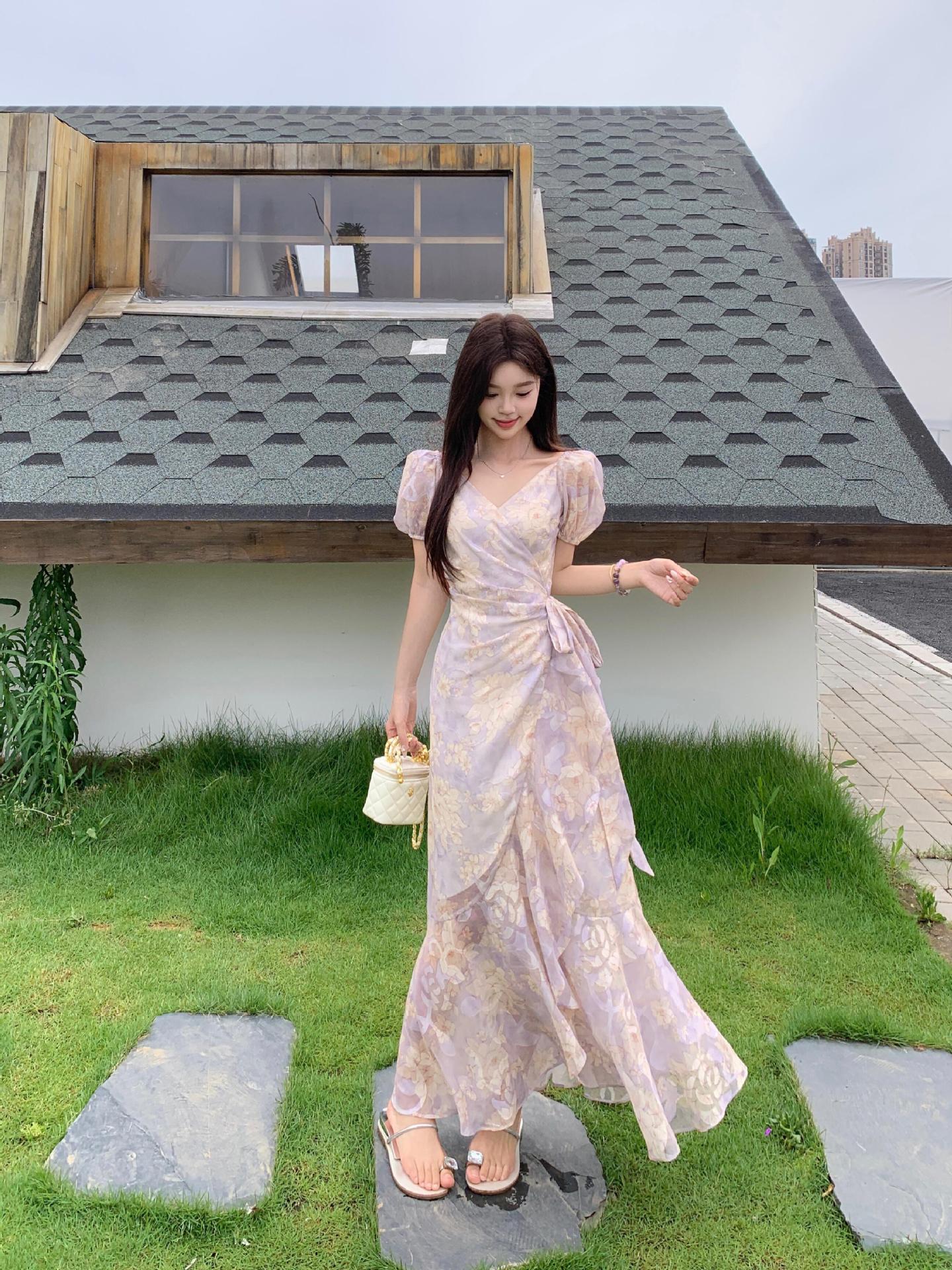 

Plus Size French Romantic Floral Fairy Dress - Summer 2026 Waist-Cinching Slimming One-Piece with Tie-Up Details XXL фіолетовий/квітковий